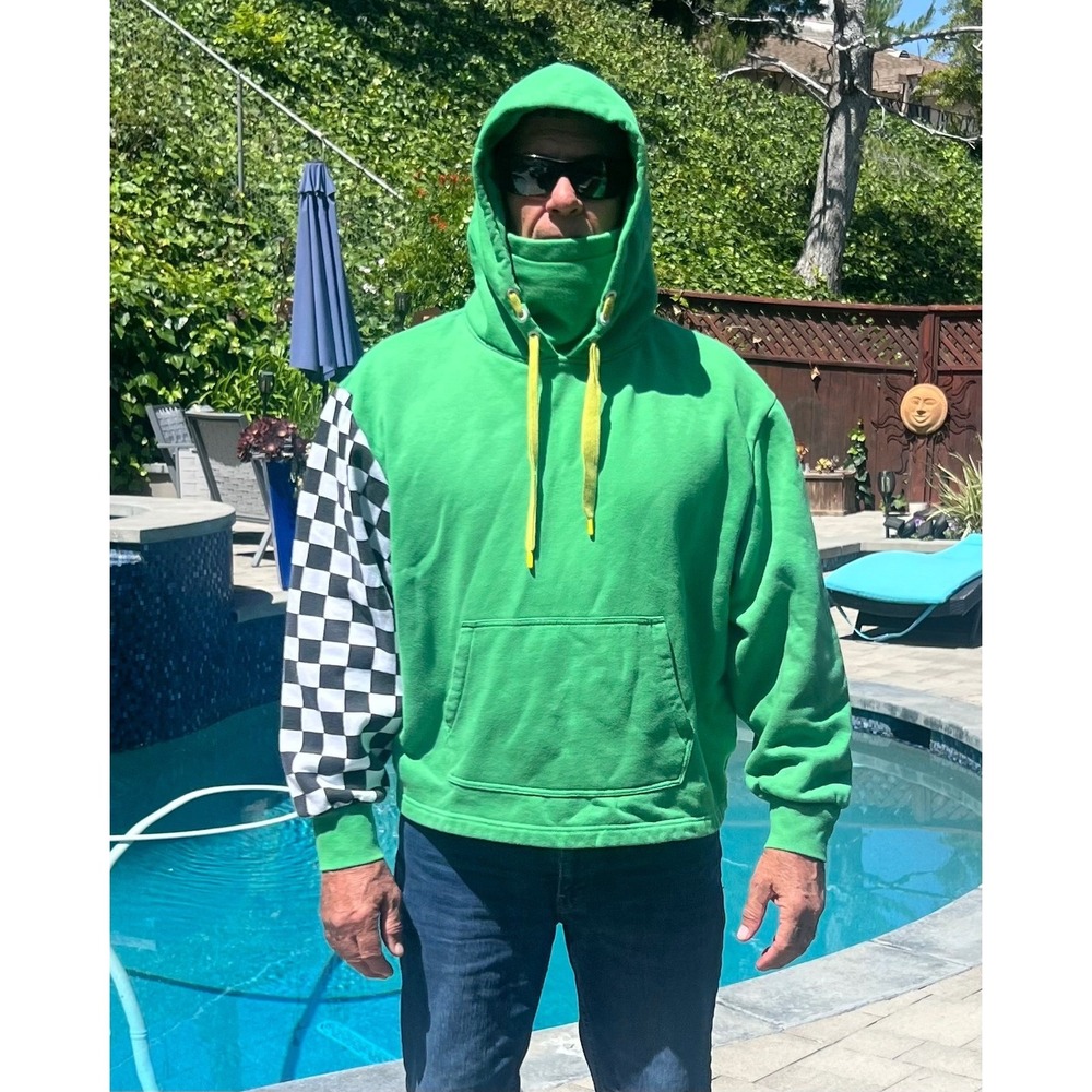 Vans Mens XL Green Checkerboard Sleeve Funnel Neck Hoodie Sweatshirt